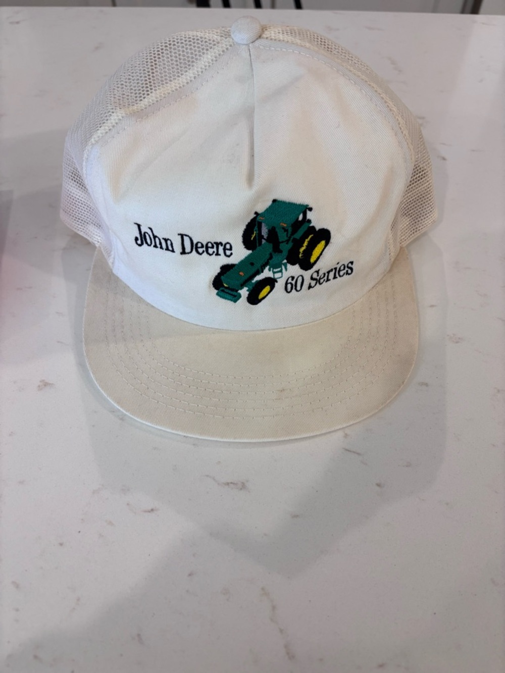 Vintage John Deere White Mesh Snapback Hat with Green Tractor Embroidery